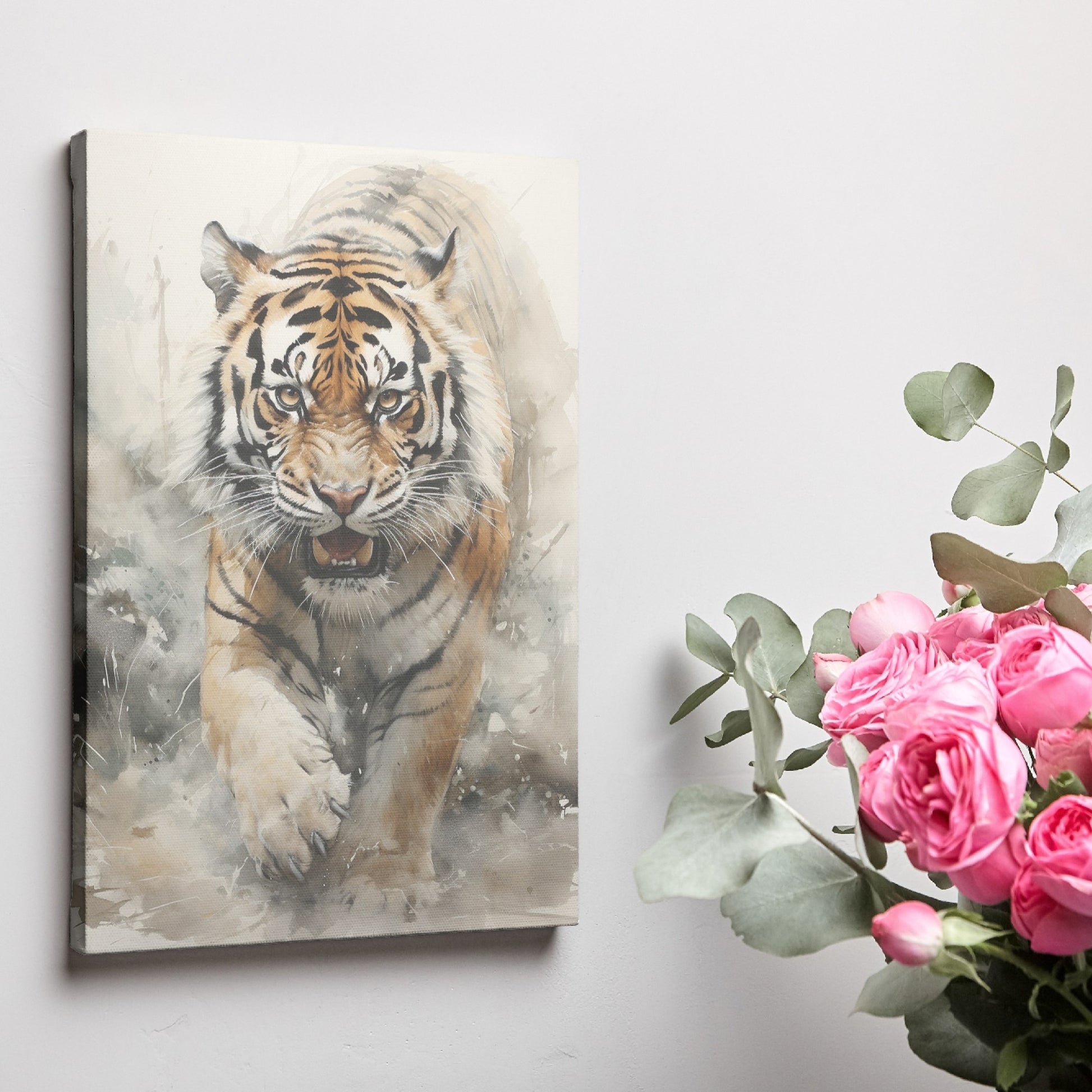 Framed canvas print of a fierce and majestic tiger in watercolour, highlighting the animal's intense gaze and striking details against a neutral backdrop.