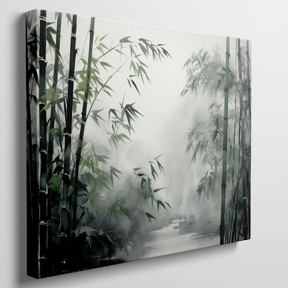 Framed canvas print of a misty oriental bamboo forest in ink wash style