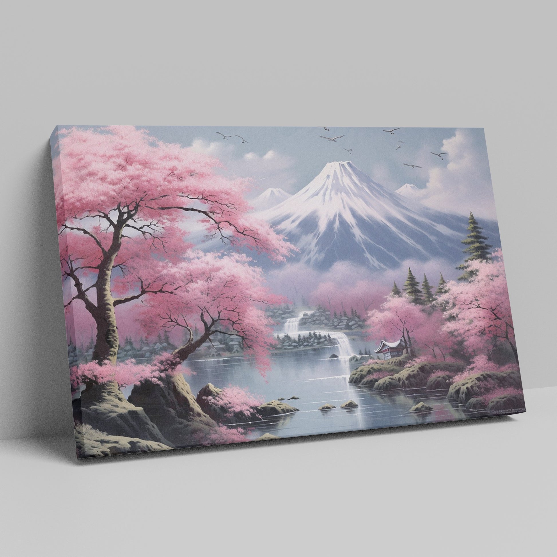 Framed canvas print of a serene Japanese landscape with pink cherry blossoms and Mount Fuji