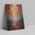 Framed canvas print of a stylised forest with colourful autumn foliage and a winding pathway