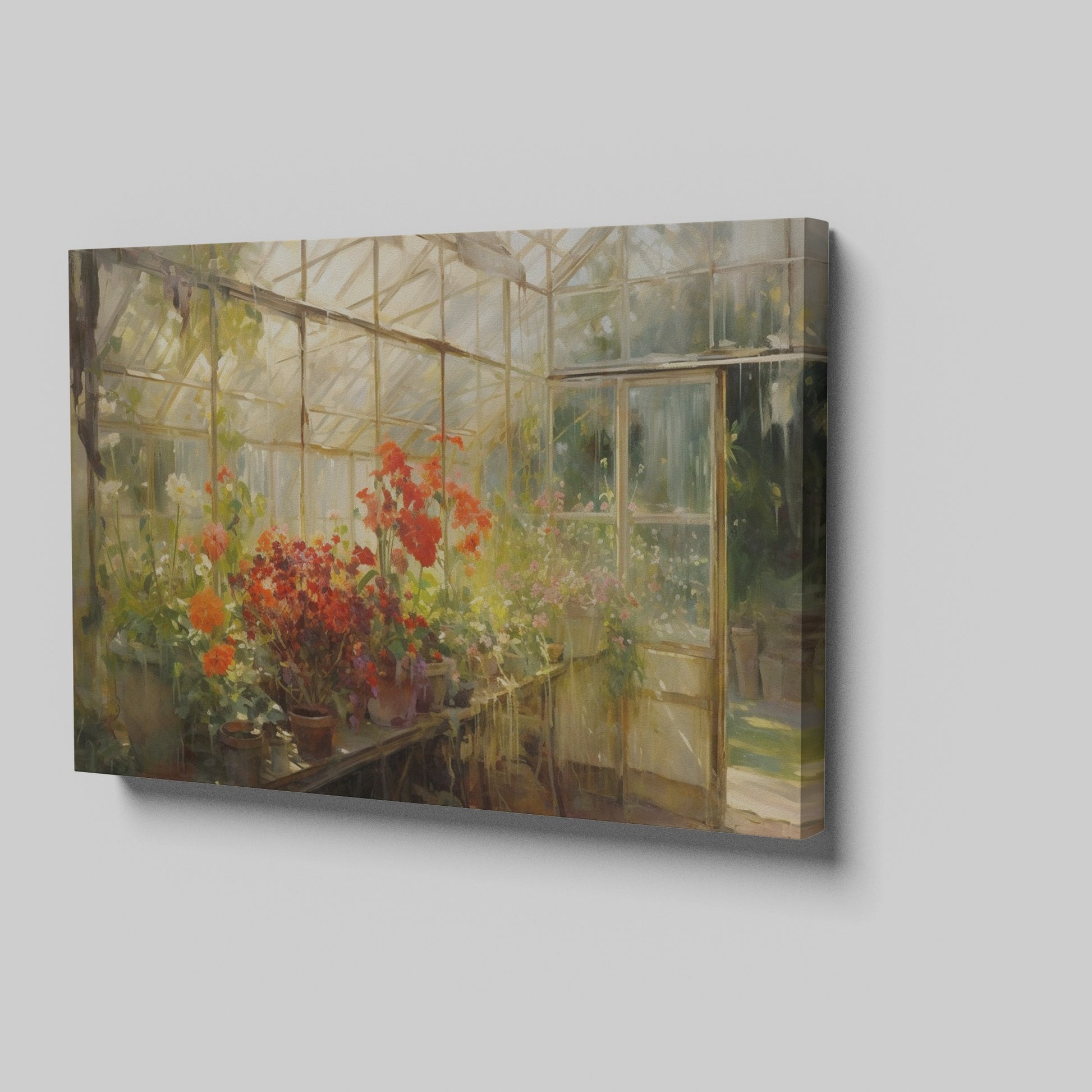 Framed canvas print of a vibrant greenhouse scene with blooming flowers and sunlit warmth