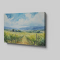 Framed canvas print of a scenic watercolor vineyard landscape with lush greenery and open sky