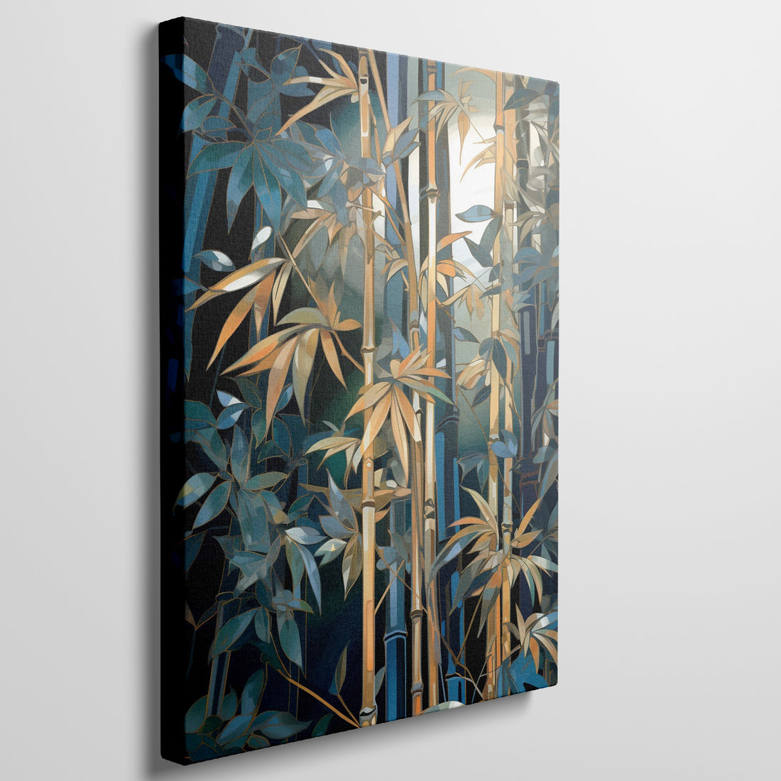 Stylised depiction of a bamboo grove with geometric shapes in greens, golds, and blue against a dark background