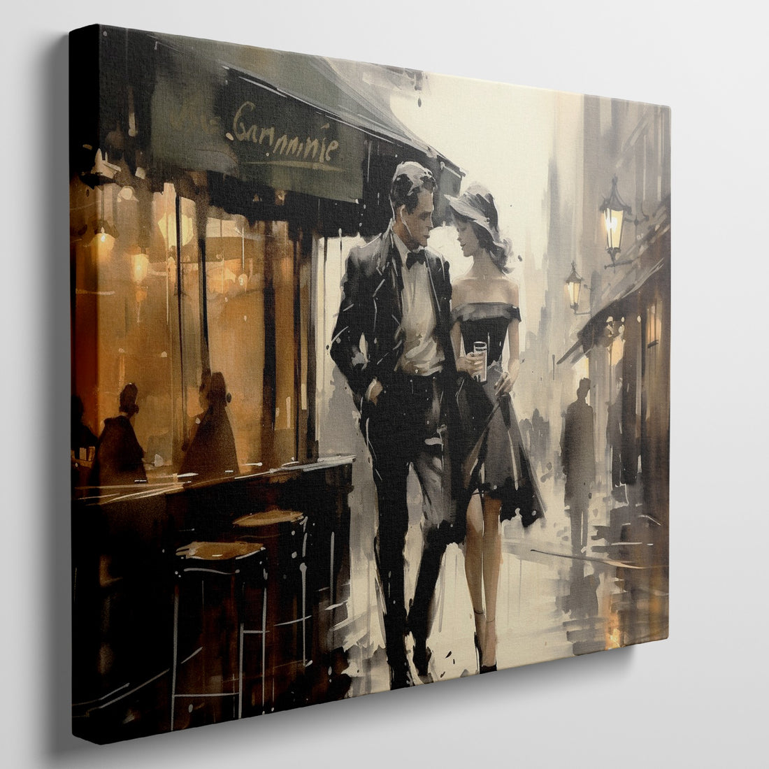 Framed canvas print of a stylish couple on a romantic rainy evening street in sepia and warm tones