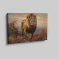 Framed canvas print of a realistic lion amidst a warm-toned African savannah landscape