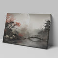 Framed canvas print of a serene Oriental landscape with a moonlit pagoda, red autumn leaves and a tranquil lake