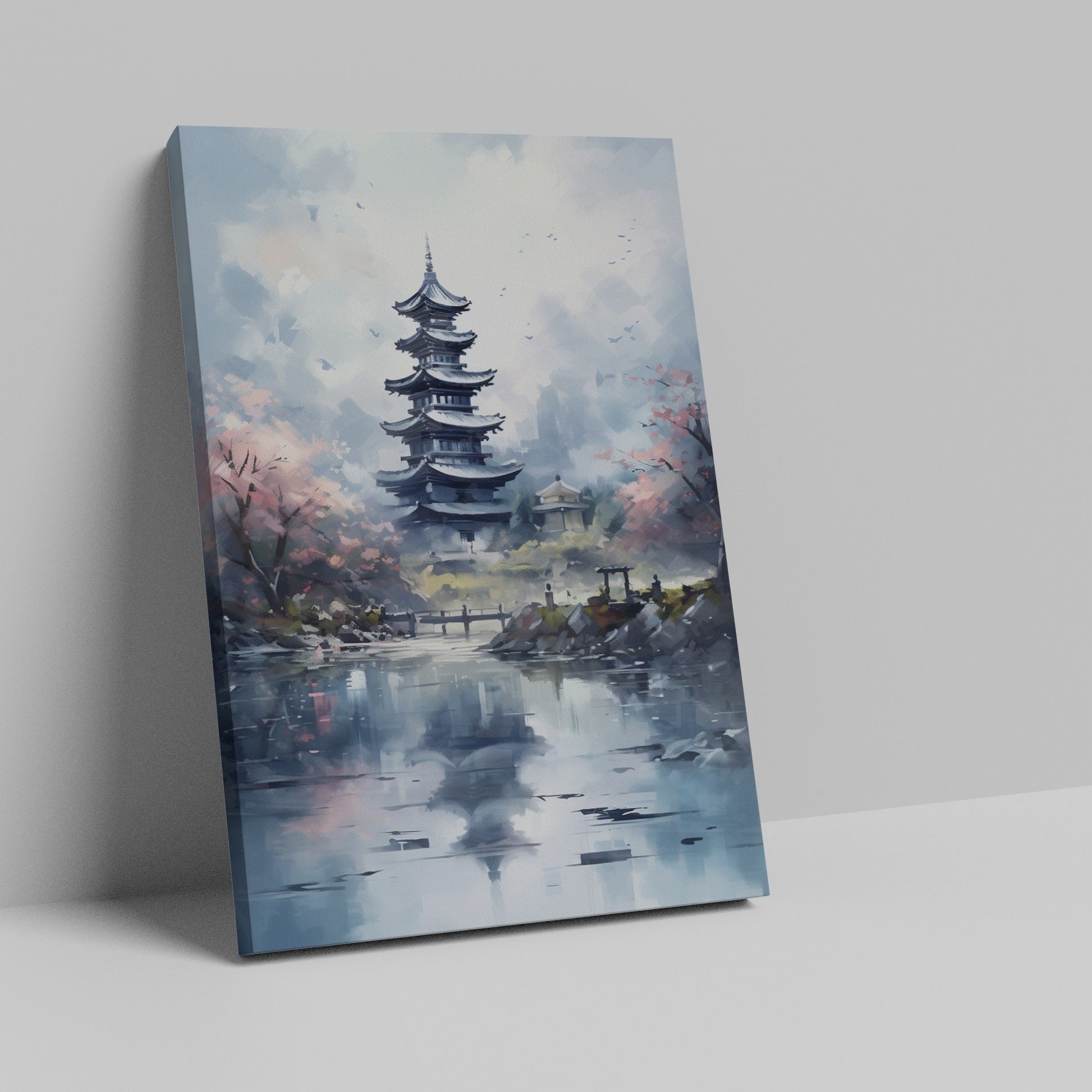 Framed canvas print of an impressionist painting showing a pagoda and cherry blossoms with reflections in water