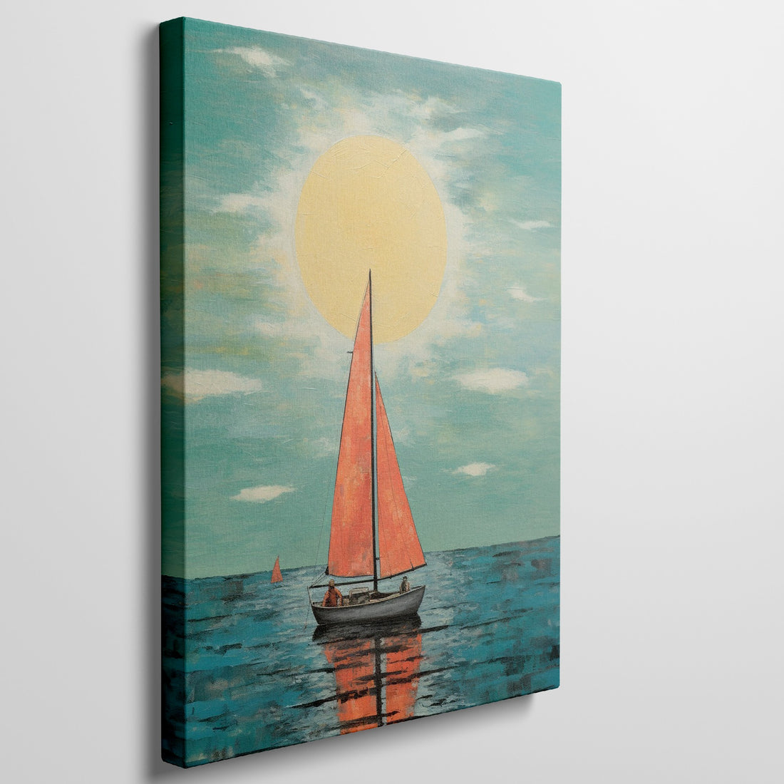 Framed canvas print of a sailboat with vibrant orange sails against a blue ocean and yellow sunset