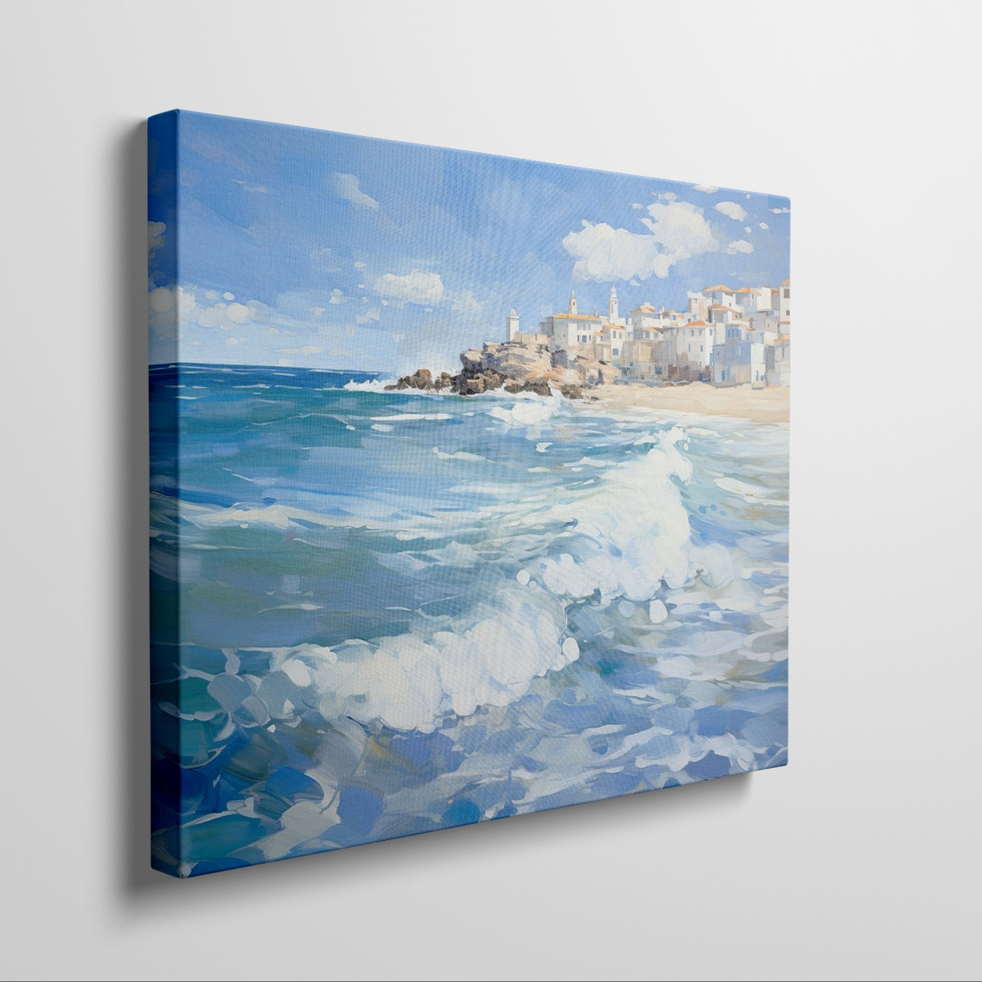 Framed canvas print of a Mediterranean village by the sea with vibrant blue waves and sunny sky