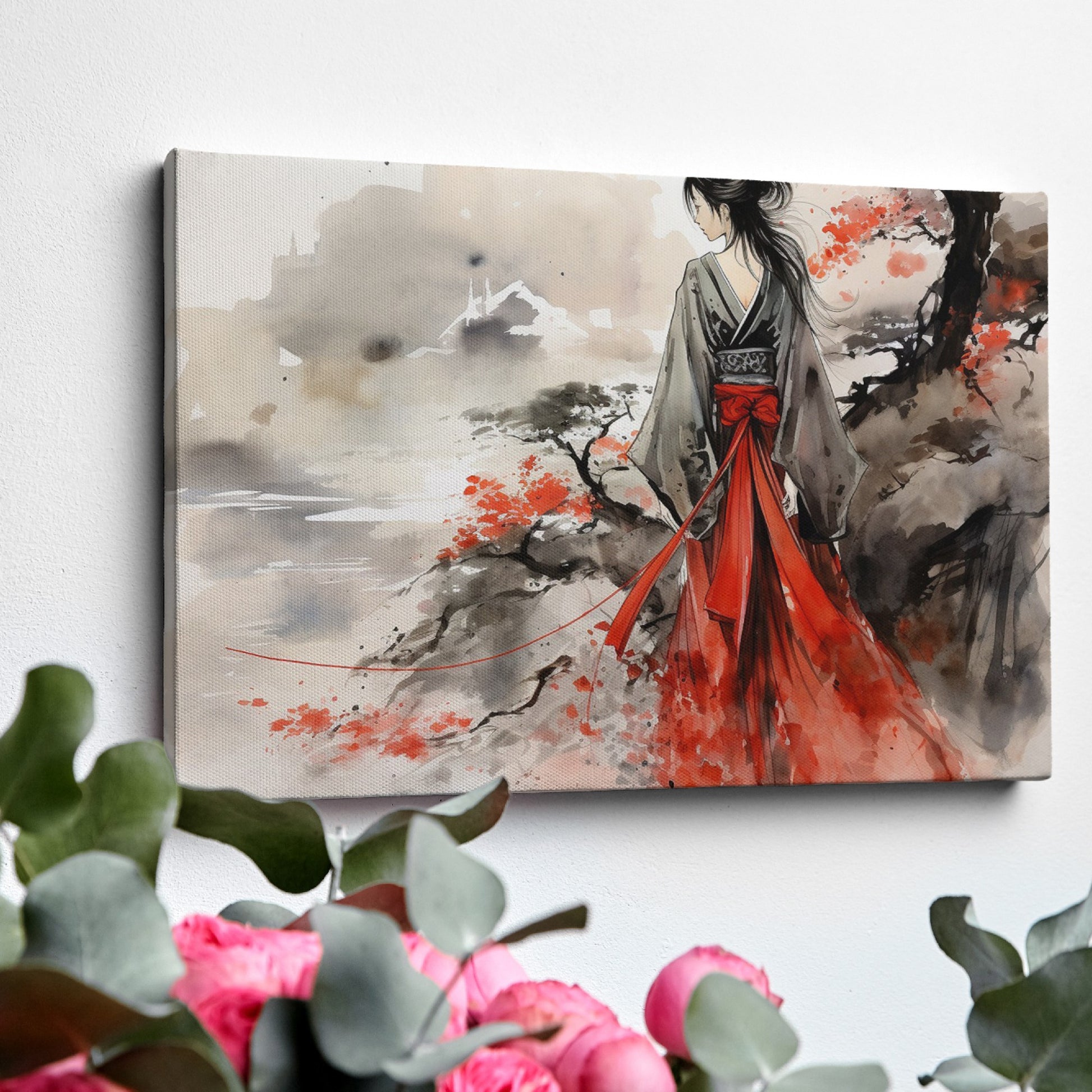 Framed canvas print of a traditional geisha in vibrant red, set against an oriental landscape with ink wash