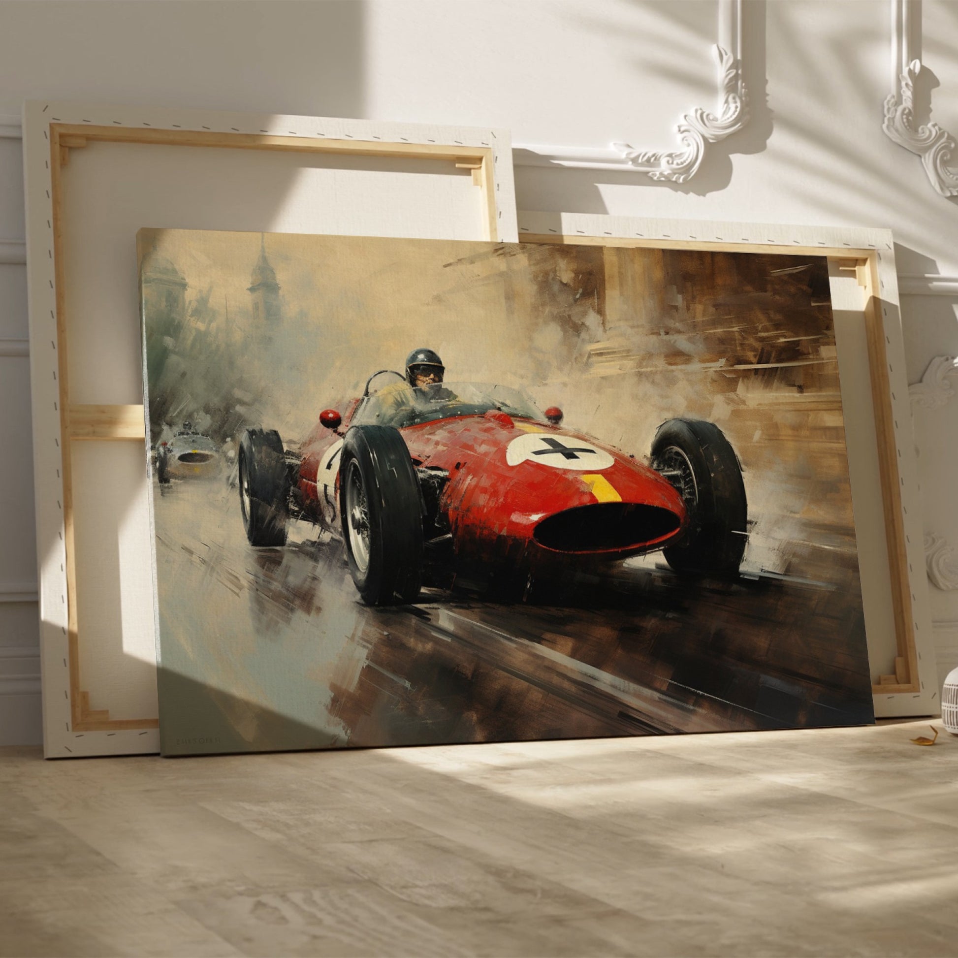 Framed canvas print of a vintage formula racing car in action with warm tones.