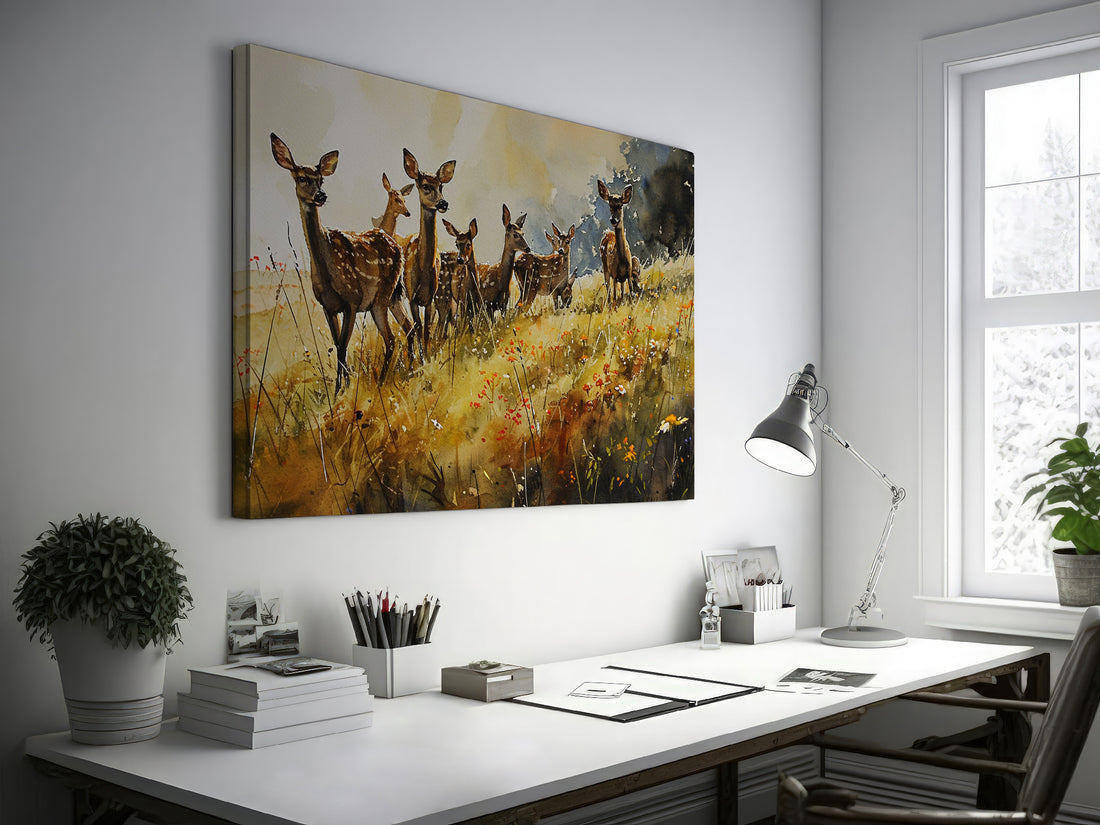 Framed canvas print of a watercolour painting depicting a group of deer in a meadow with wildflowers