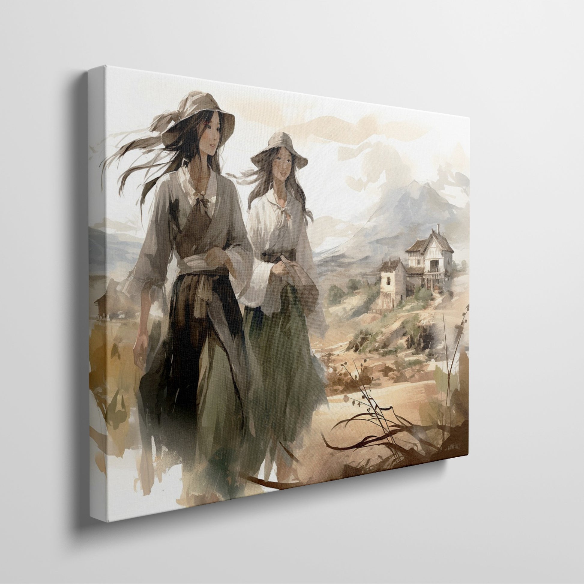 Impressionistic painting of two women in traditional dresses with a countryside backdrop.