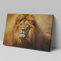 Framed canvas print of a majestic lion portrait with a warm golden colour scheme