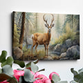 Framed canvas print of realistic deer in a forest with a stream and rocks