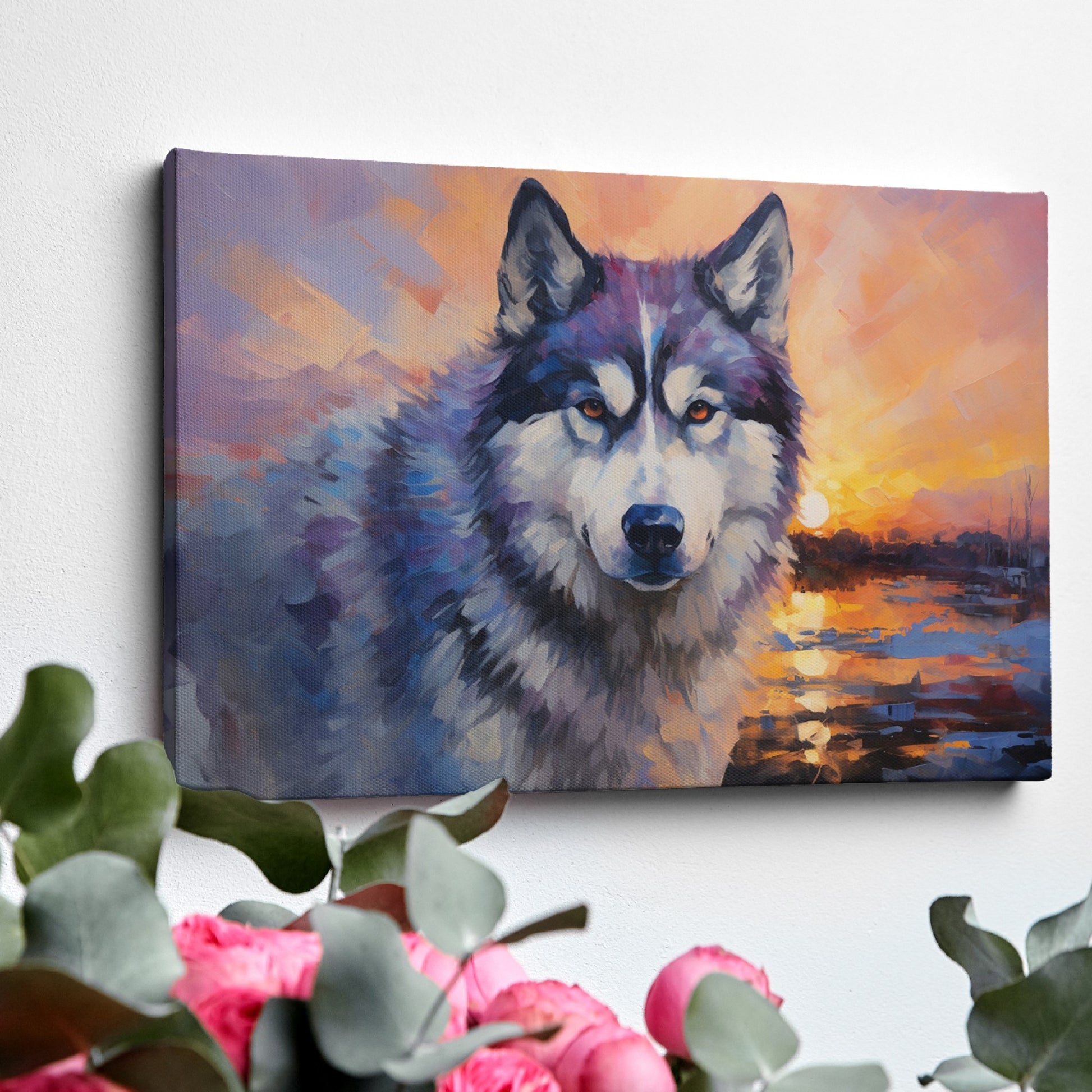 Framed canvas print of an impressionistic Siberian Husky with a vibrant sunset