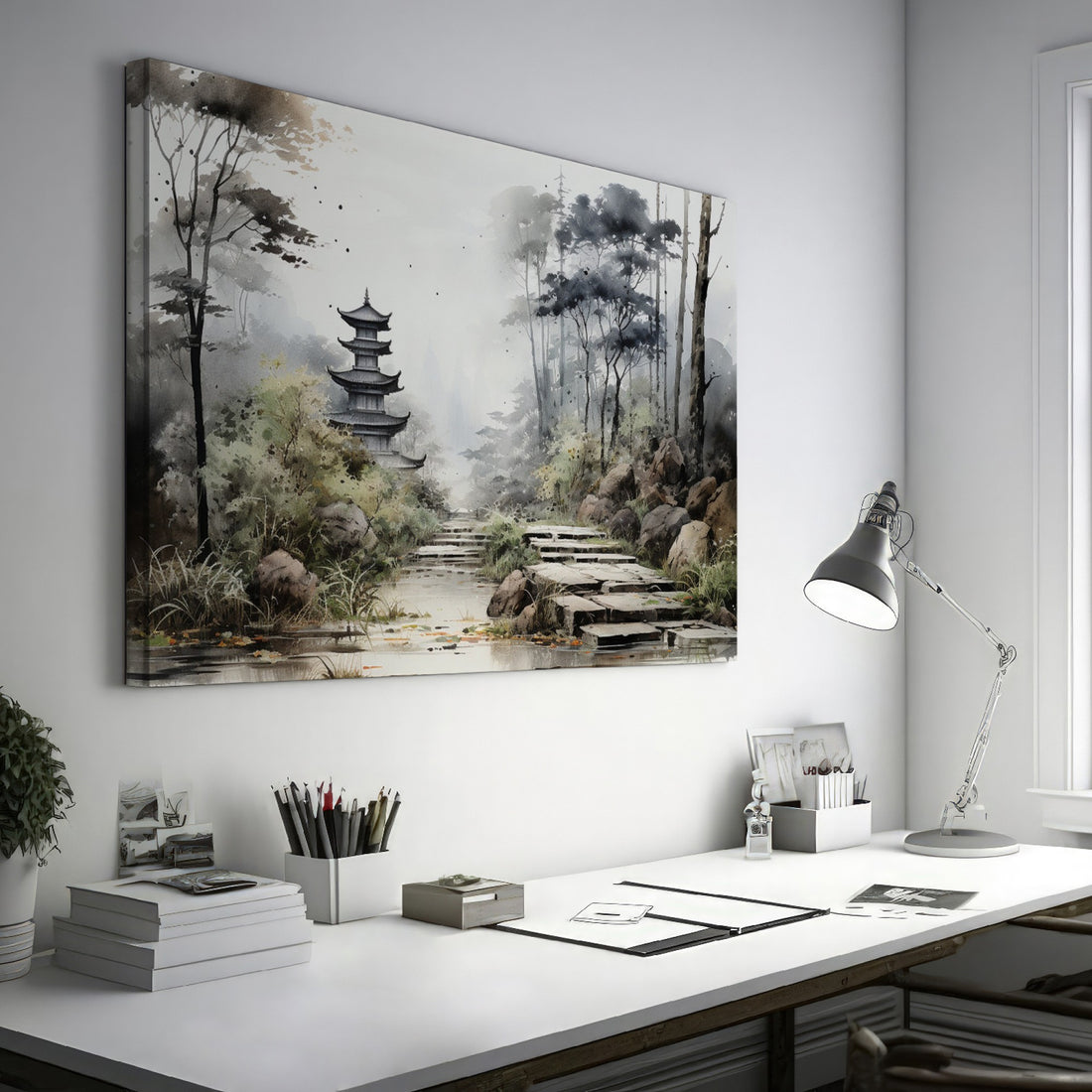 Framed canvas print of a misty oriental landscape with a pagoda and stone path