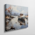 Framed canvas print of a tranquil landscape with a vintage boat moored on calm waters, reflecting autumnal trees