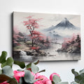 Framed canvas print of Asian landscape with cherry blossoms and misty mountain scenery