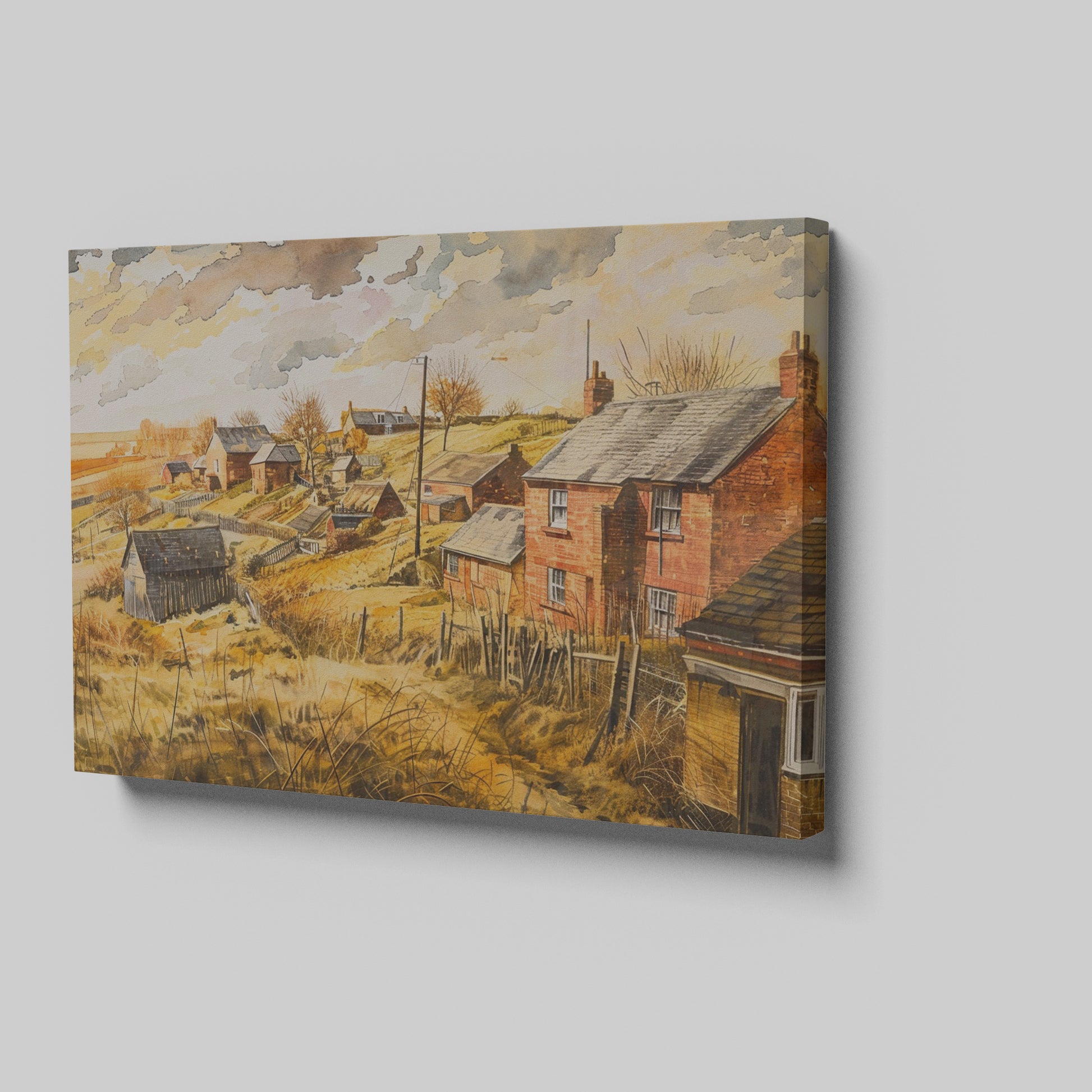 Framed canvas print of a traditional British village in watercolour