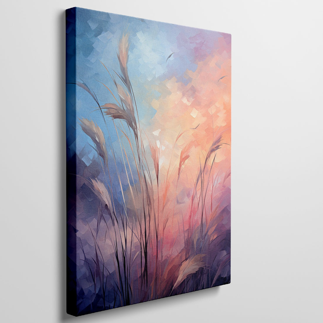 Framed canvas print of stylised grass with abstract, colourful geometric background