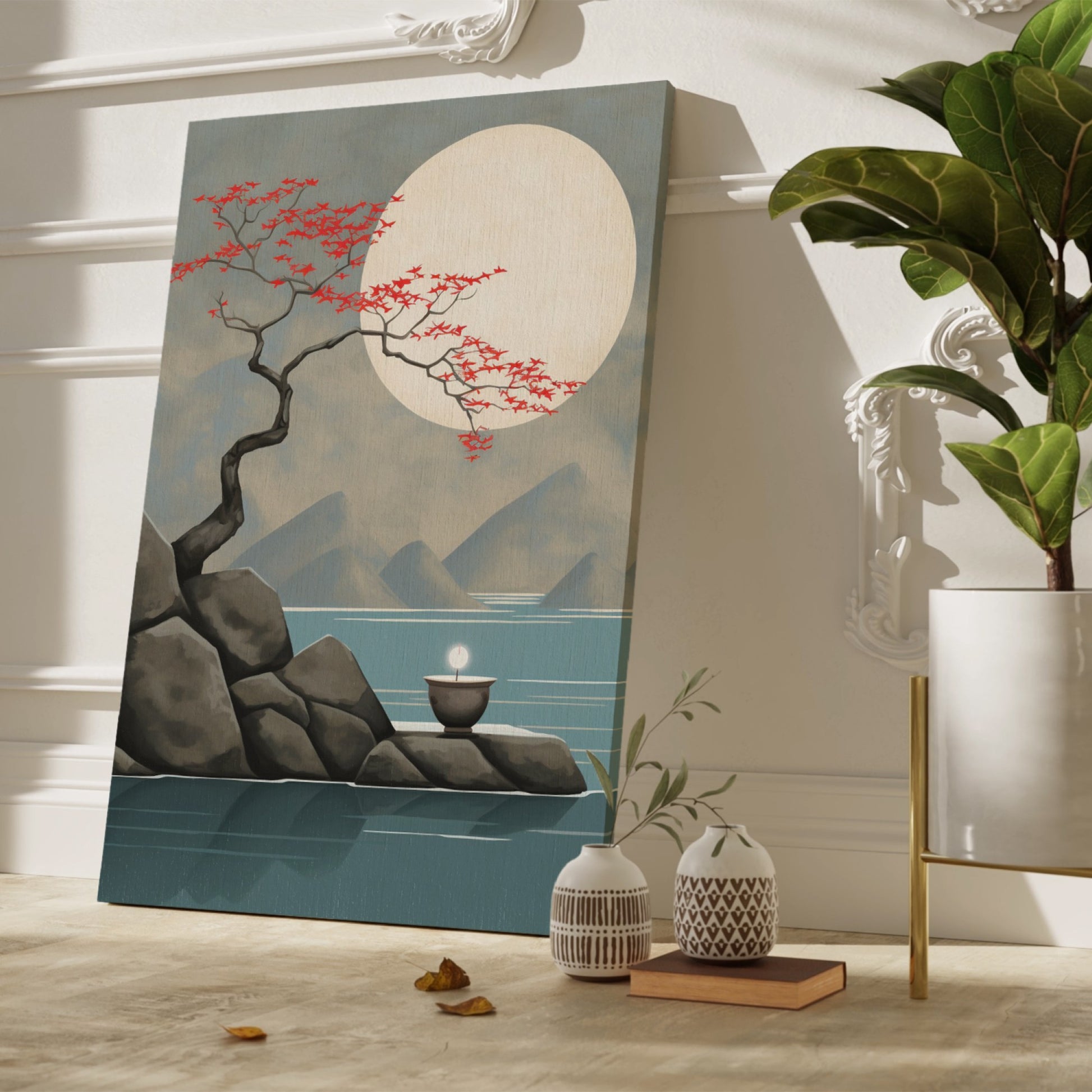 Framed canvas print of moonlit cherry blossoms over mountains with a gentle water reflection