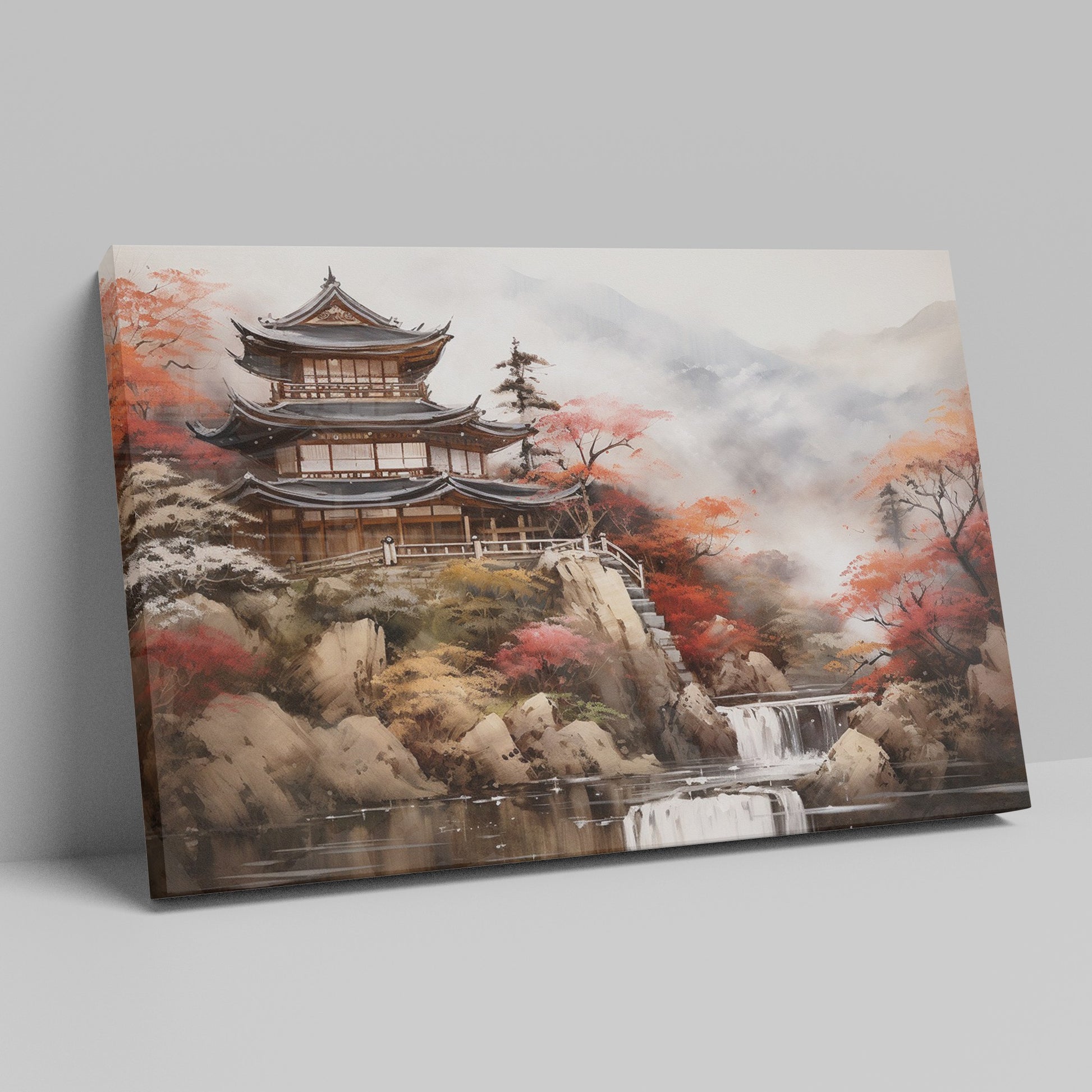 Digital painting of a traditional Japanese temple in autumn with vibrant red maple trees and cascading waterfall