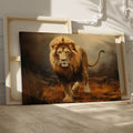 Framed canvas print of a regal lion striding through the misty savannah