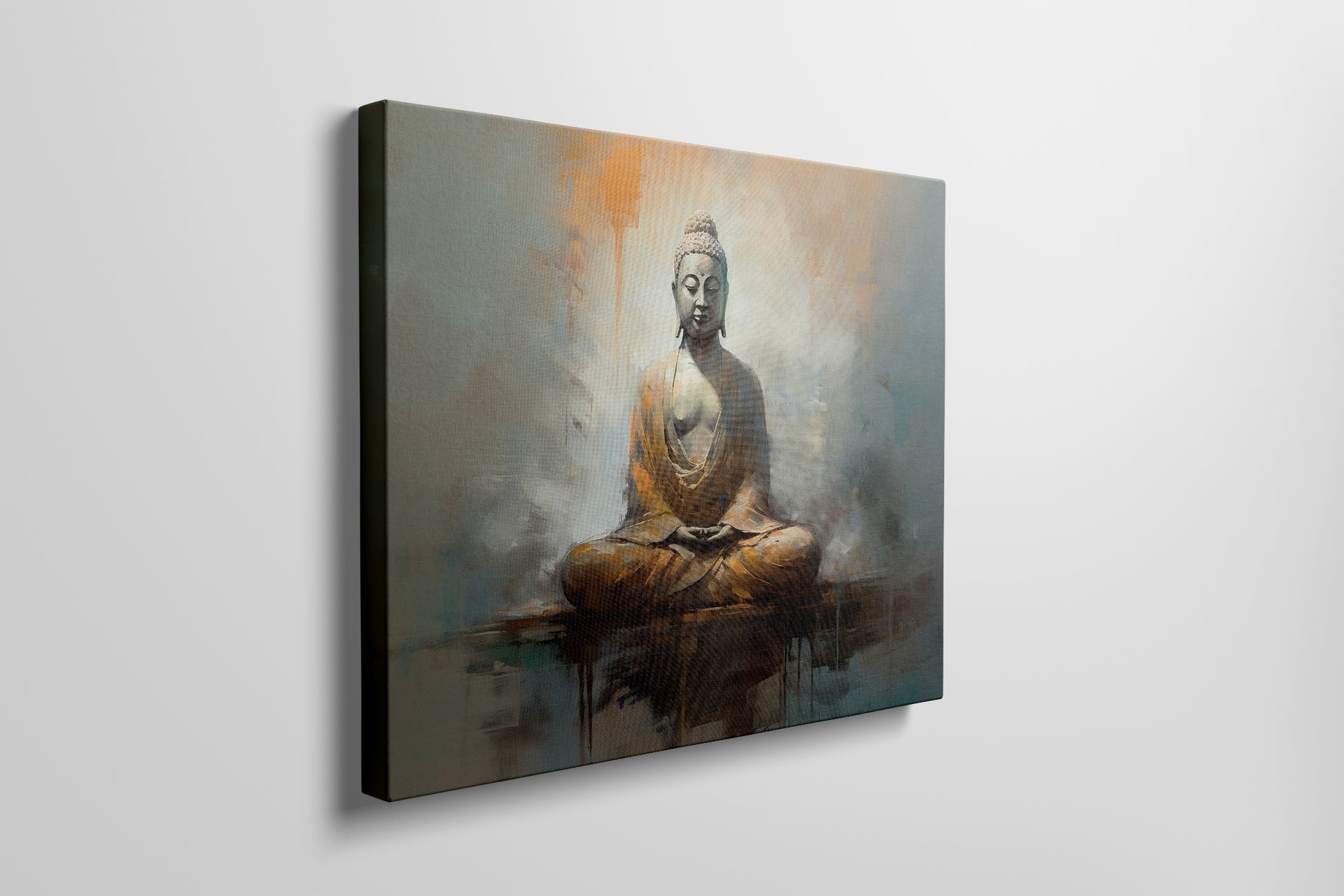 Framed canvas print of serene Buddha in meditation with abstract warm background