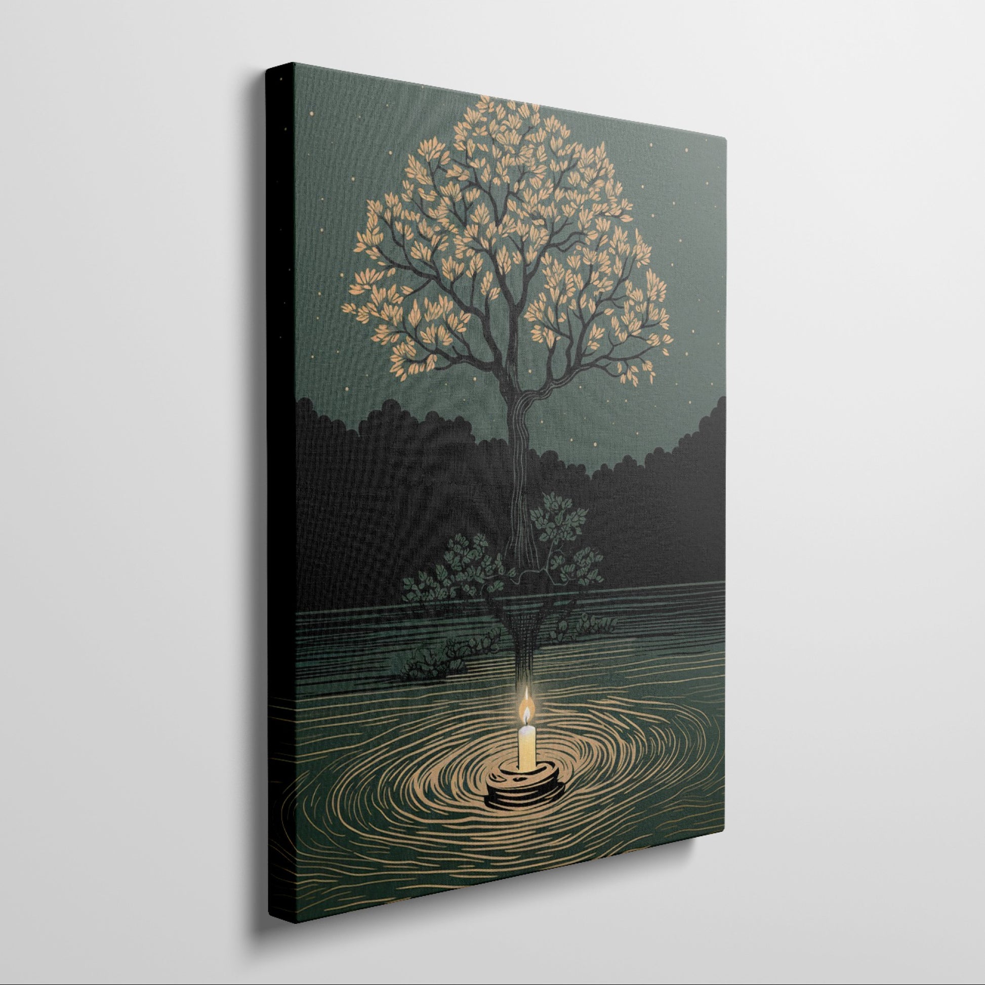 Framed canvas print of a candle's glow reflecting in water under a tree with golden leaves and a starry night