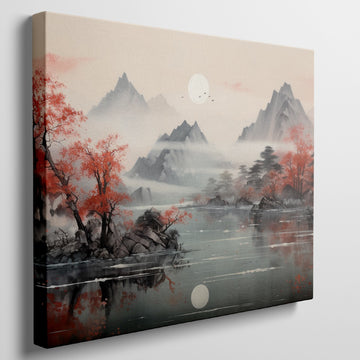 Framed canvas print of Oriental landscape with red autumn leaves and mountain reflections