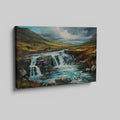 Framed canvas print of an autumnal waterfall landscape with vibrant colours and a dynamic sky