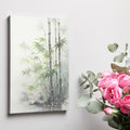 Framed canvas print of tranquil bamboo watercolour painting with soft green leaves and grey tones