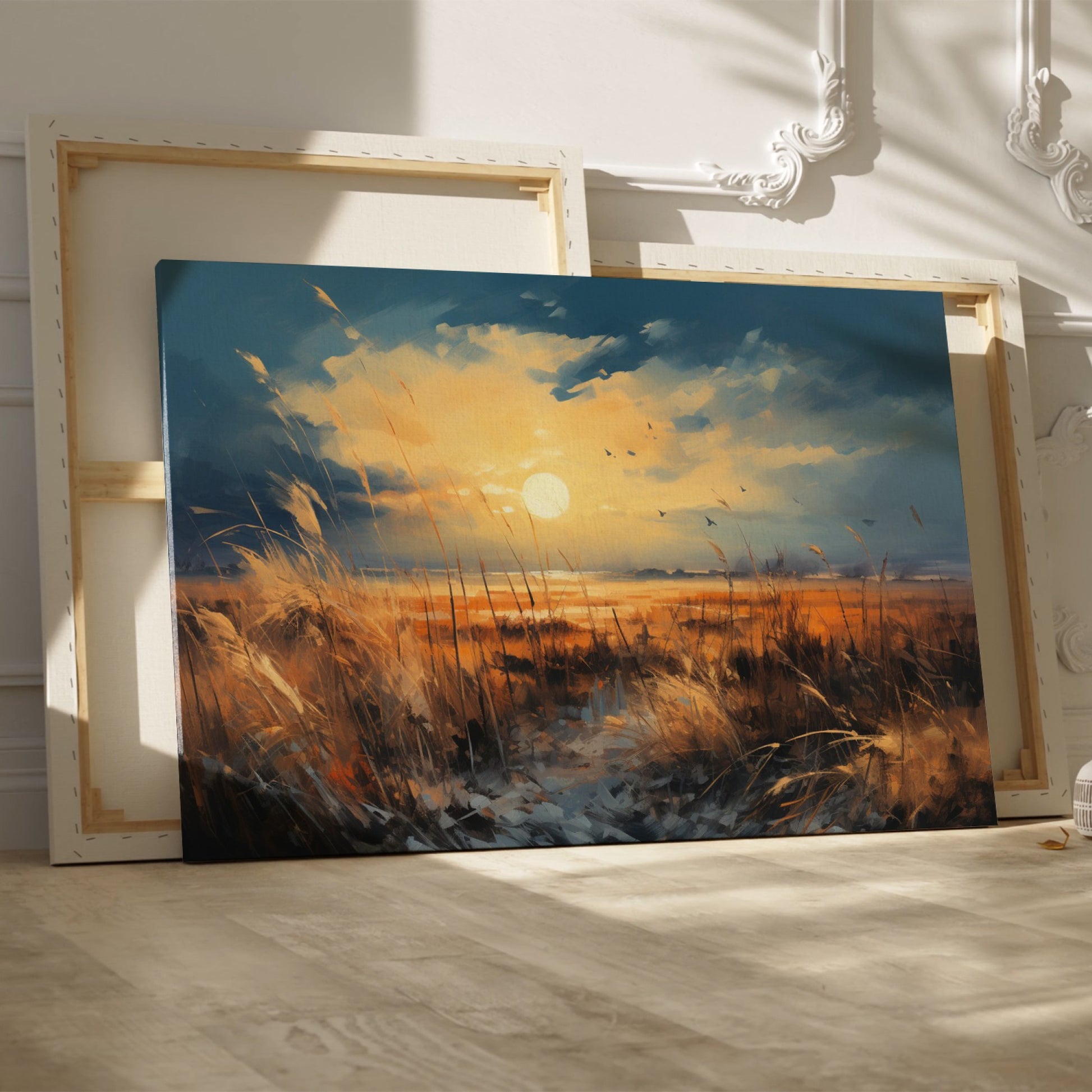 Framed canvas print of a rustic sunset with tall grasses and birds against a dramatic sky