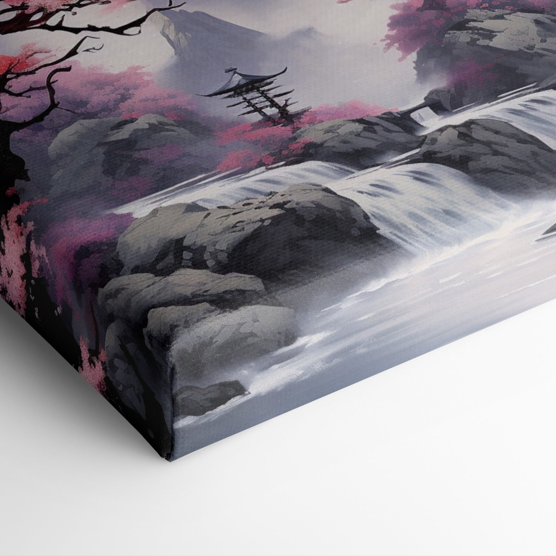 Framed canvas print of a mystic Eastern landscape with cherry blossoms and a mountain waterfall