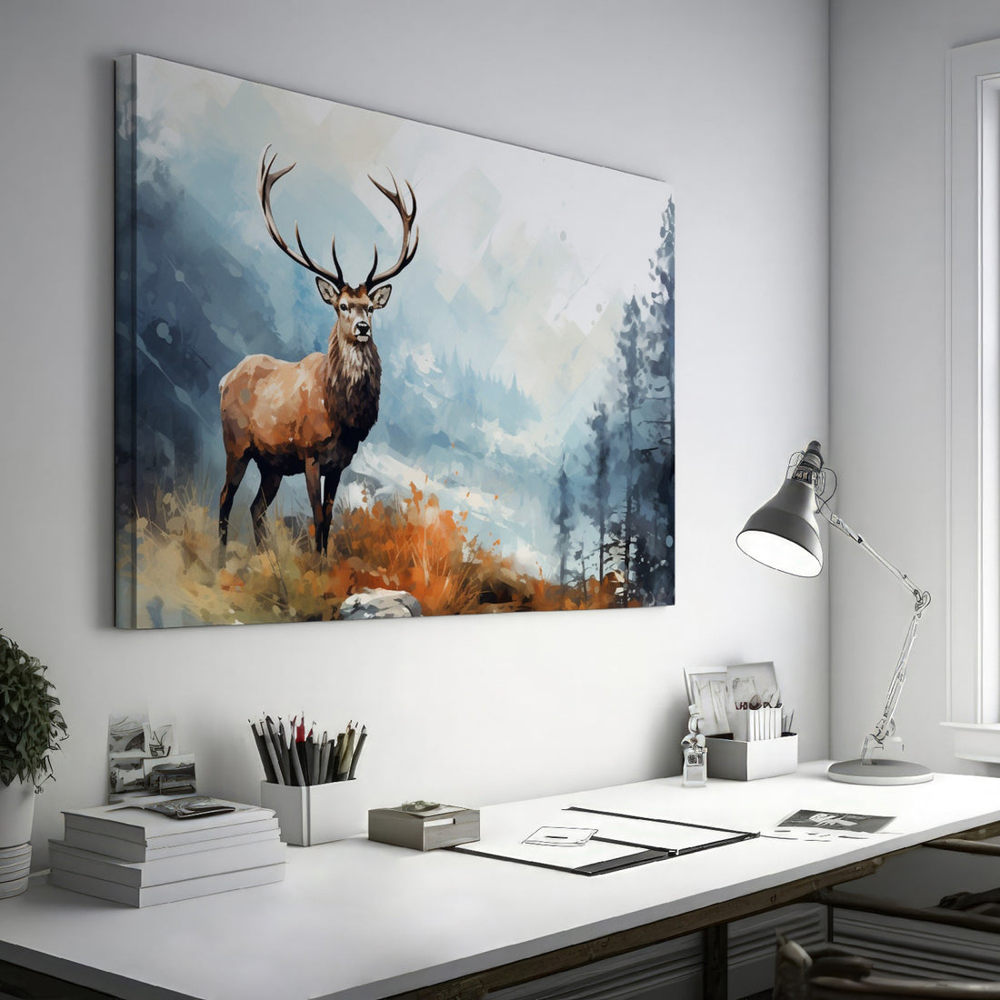 Framed canvas print of a majestic stag in a tranquil autumn forest