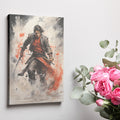 Framed canvas print of a dynamic Samurai warrior in watercolour style with vibrant red accents