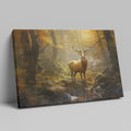 Framed canvas print of a majestic stag in a sunlit autumn forest with golden foliage