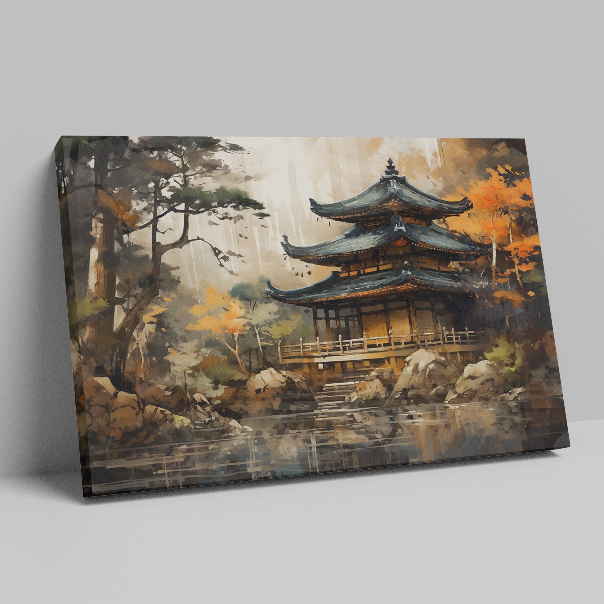 Framed canvas print of an oriental pagoda surrounded by autumn trees and reflection on water