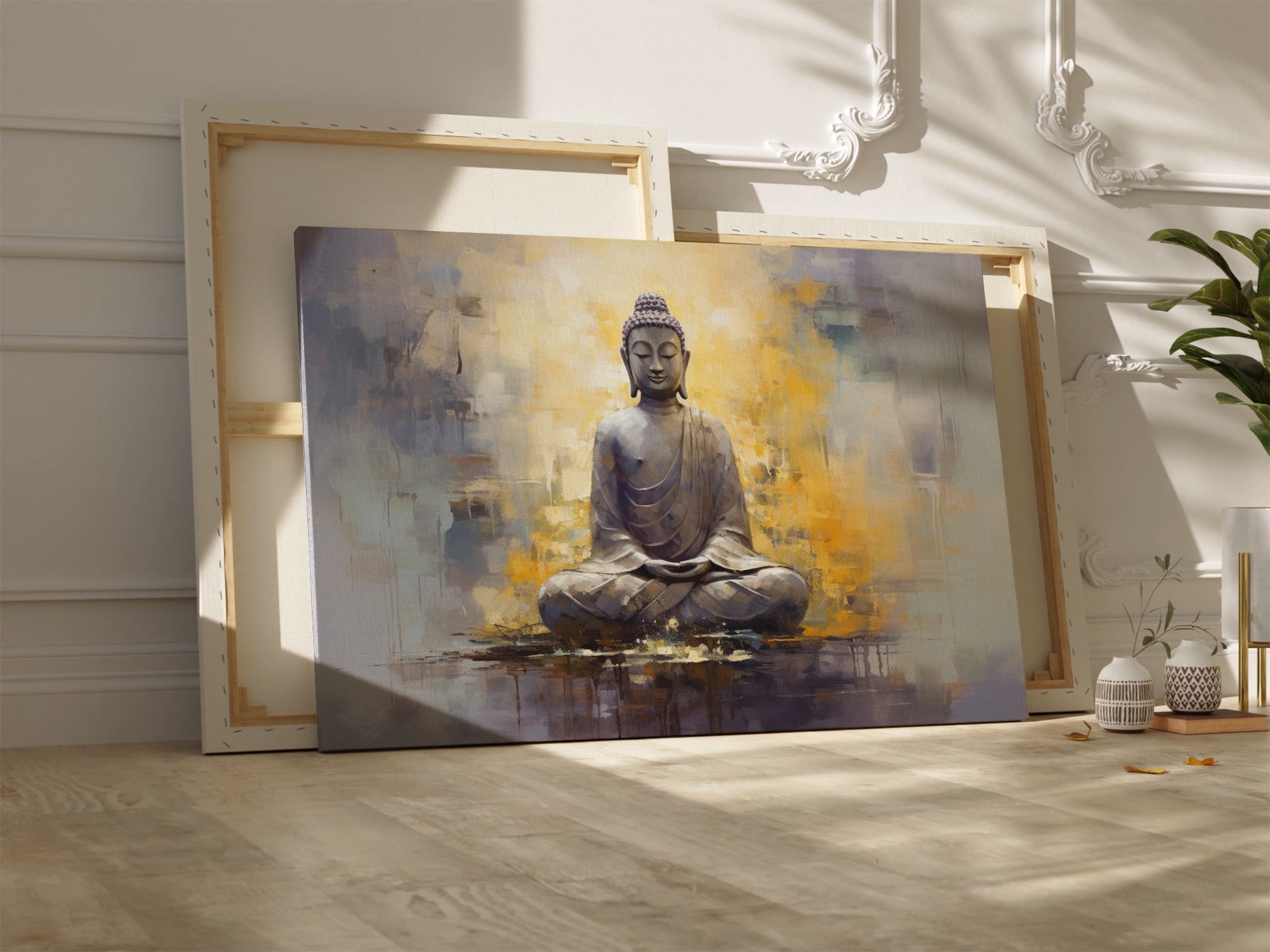 Framed canvas print of a serene Buddha in meditation with abstract warm and cool tones