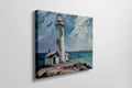 Framed canvas print of lighthouse on coastal rocks with dynamic sea and sky