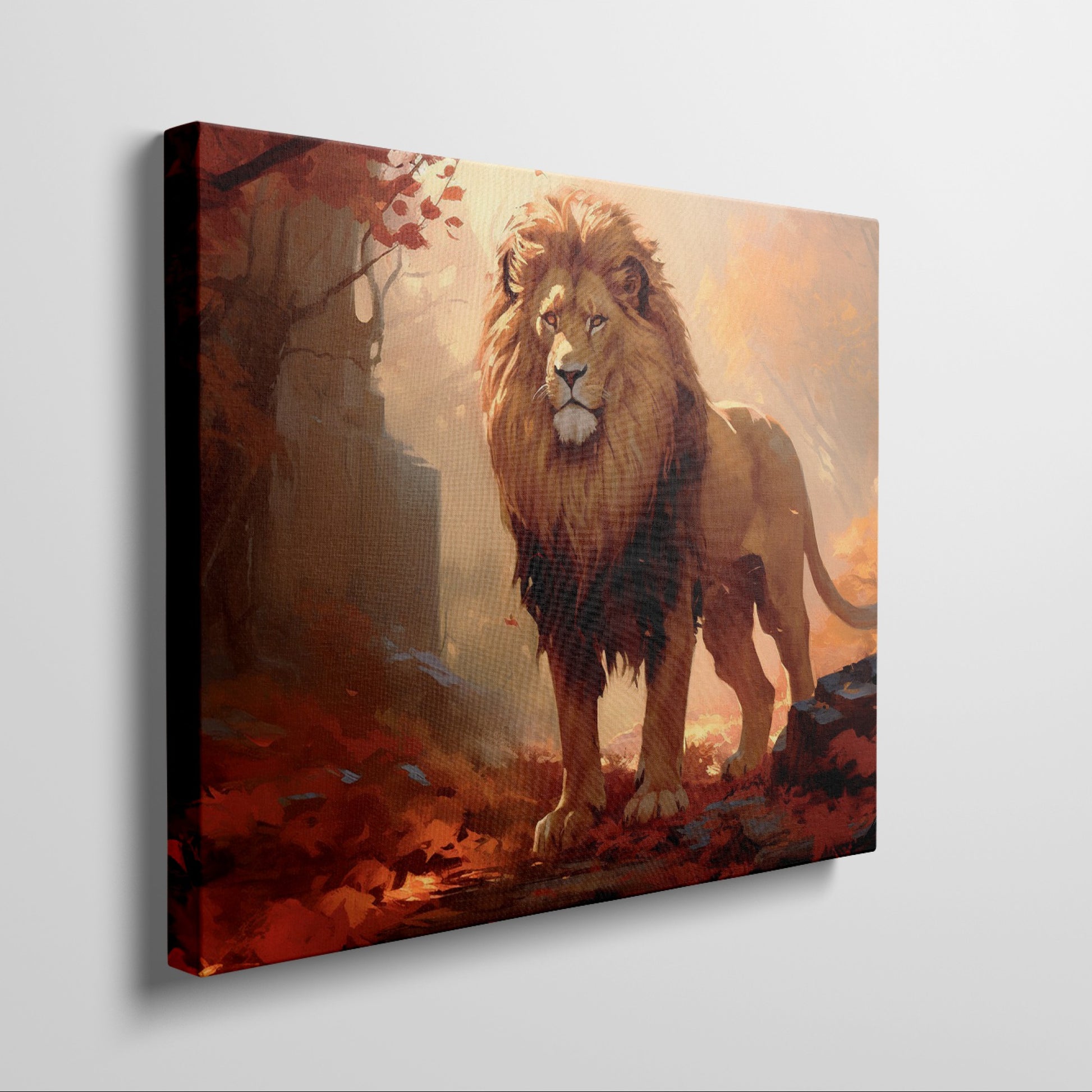 Framed canvas print of a majestic lion in golden autumn forest