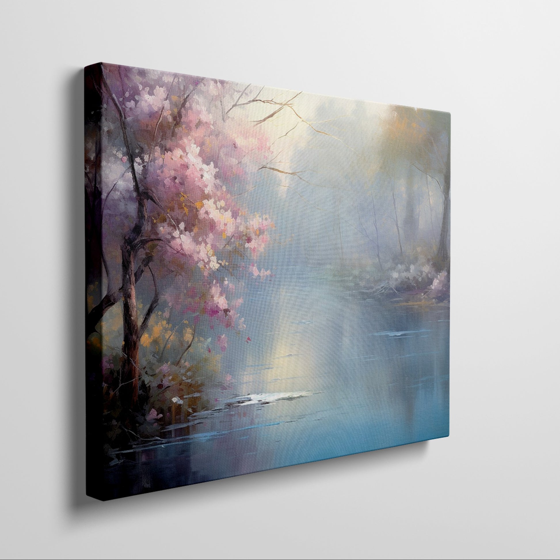 Framed canvas print of a serene landscape with cherry blossoms and a misty lake