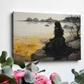 Framed canvas print of a woman in a gothic gown overlooking a golden sunset seascape with a castle