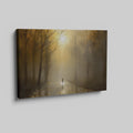 Framed canvas print of a mystical autumn forest with a lone wanderer on a sunlit path