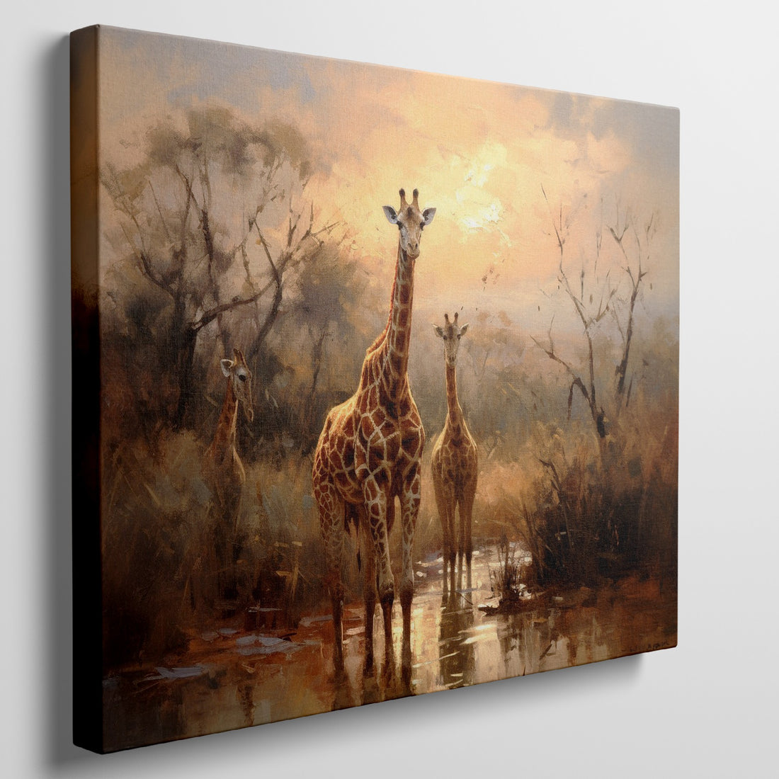 Framed canvas print of a family of giraffes in the savannah during sunset with warm tones