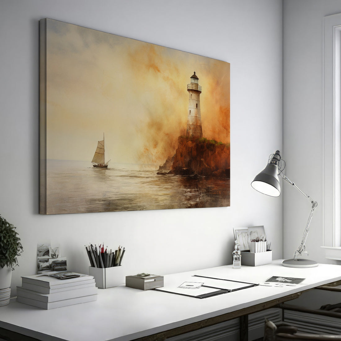 Framed canvas print of a lighthouse on a cliff with a sailing ship at sea during sunset.