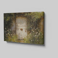 Framed canvas print of a rustic wooden door surrounded by an overgrown floral garden