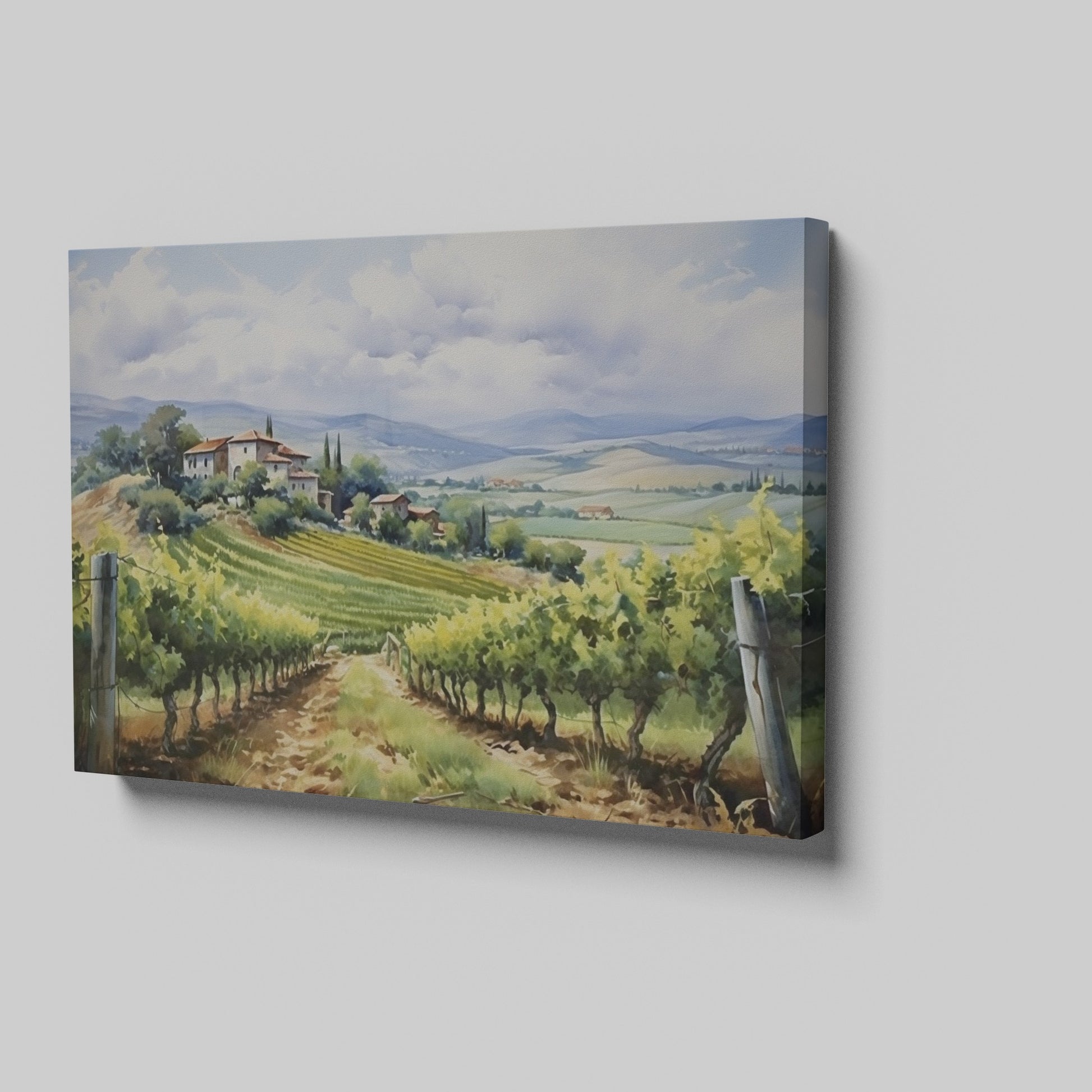 Framed canvas print of a lush Tuscan vineyard landscape with green vine rows and rustic farmhouse