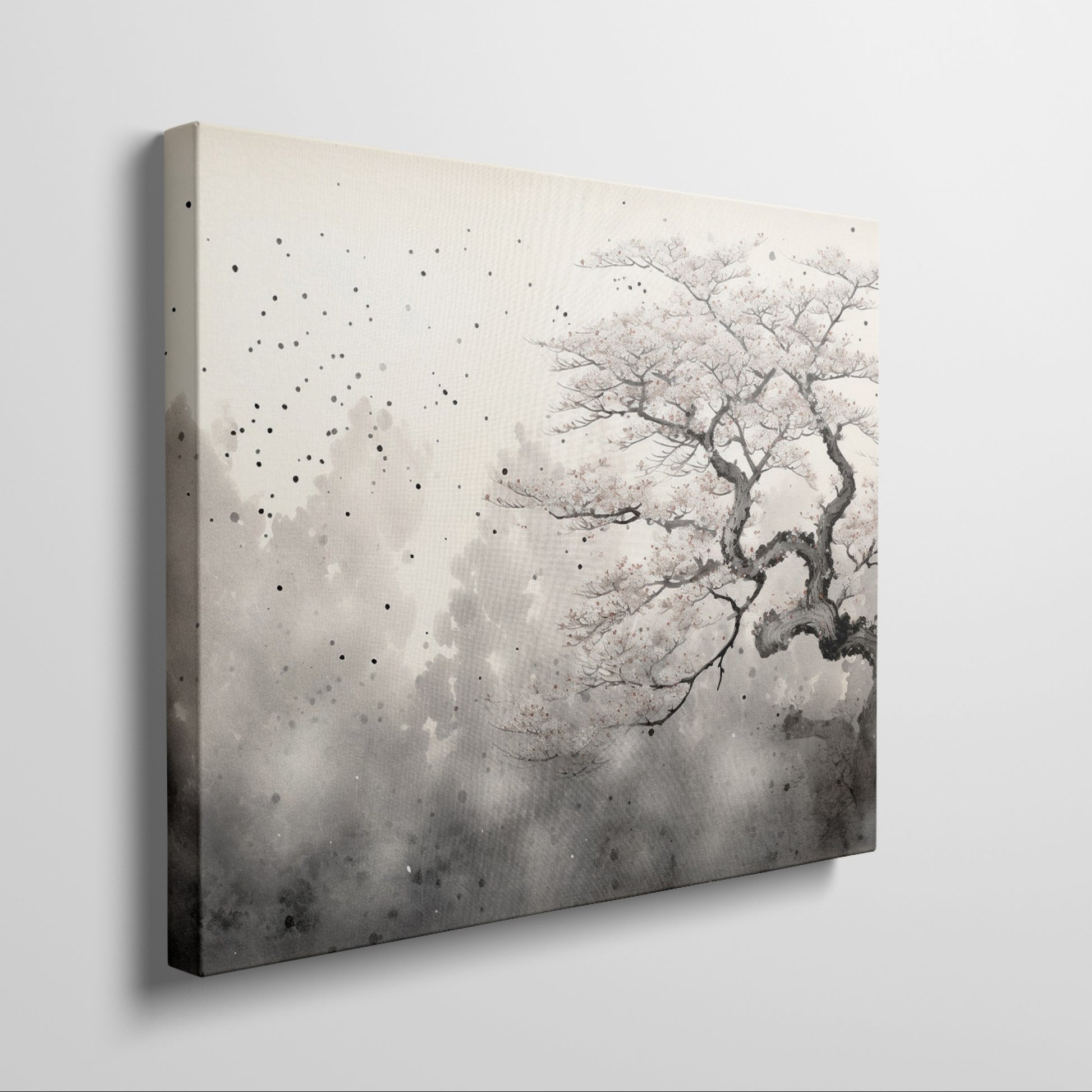 Framed canvas print of cherry blossom tree with ink wash effect